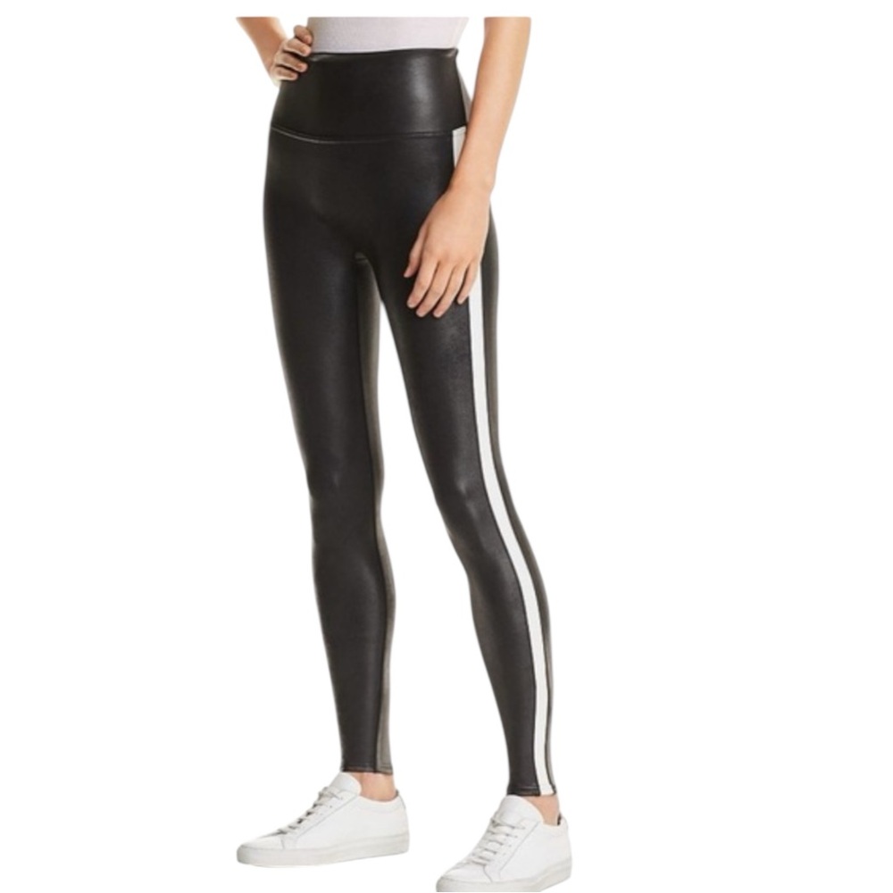 SPANX Faux Leather‎ Tuxedo Stripe Leggings Black White Size Large